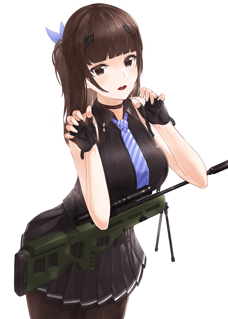 bangs blunt_bangs brown_eyes brown_hair choker commentary fingerless_gloves gloves gun hair_ribbon kfr long_hair looking_at_viewer necktie open_mouth original pantyhose pleated_skirt ponytail ribbon rifle scope skirt sleeveless sniper_rifle solo sv-98 weapon white_background