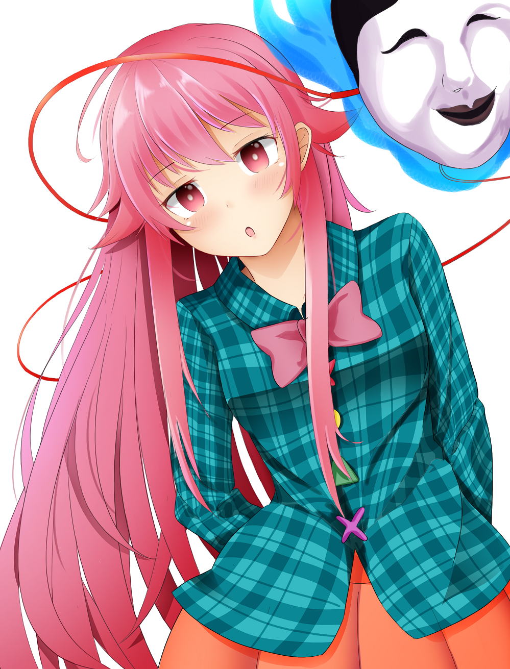 arms_behind_back blush bow collared_shirt commentary eyebrows_visible_through_hair hata_no_kokoro highres leaning_to_the_side long_hair mask open_mouth pink_bow pink_eyes pink_hair plaid plaid_shirt shirt touhou unlock-creed very_long_hair white_background wing_collar