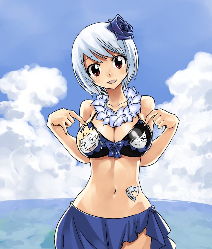 :d bangs bikini bikini_top blue_flower blue_rose blue_sky breasts brown_eyes cloud day eyebrows_visible_through_hair fairy_tail flower hair_flower hair_ornament hips large_breasts looking_at_viewer mashima_hiro navel ocean open_mouth rogue_cheney rose sarong short_hair sky smile solo sting_eucliffe stomach_tattoo swept_bangs swimsuit tattoo water white_hair yukino_aguria
