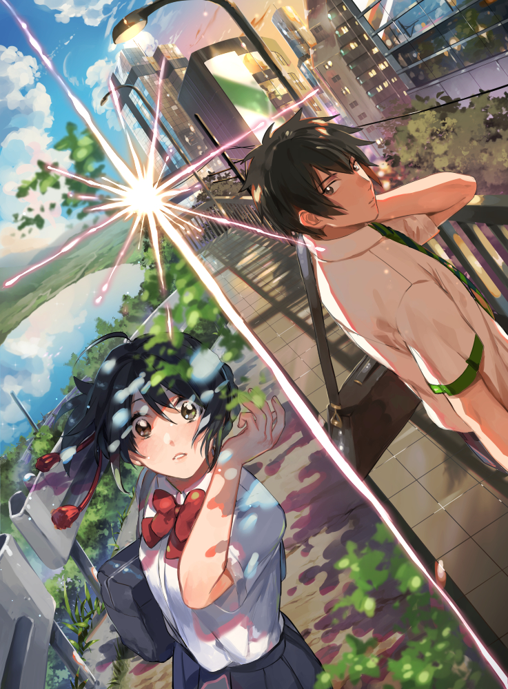 1girl ahoge allenkung1 bag black_eyes black_hair brown_eyes diffraction_spikes dutch_angle kimi_no_na_wa looking_at_viewer miyamizu_mitsuha neck_ribbon parted_lips ribbon school_bag school_uniform shirt short_hair skirt split_image t-shirt tachibana_taki