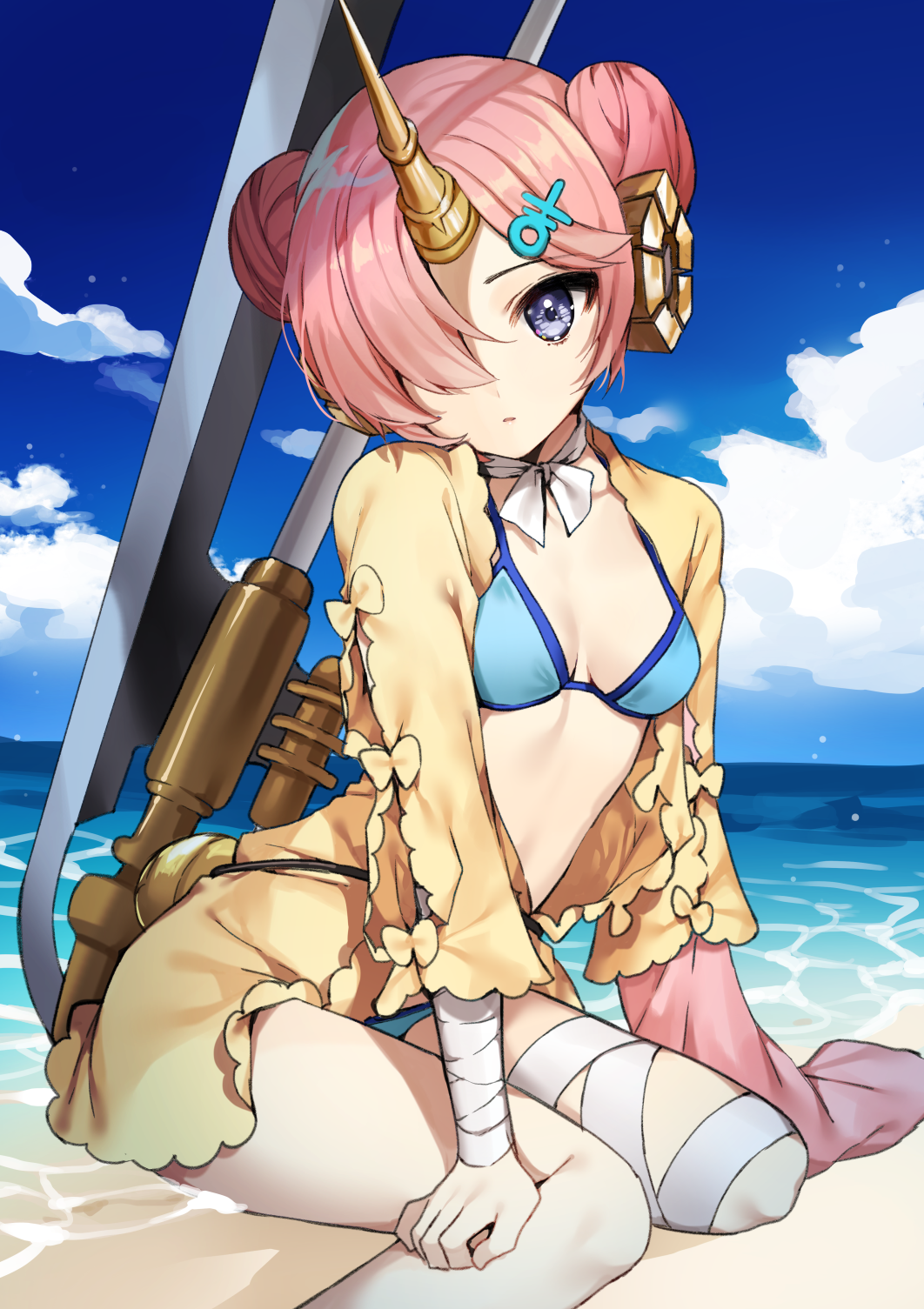 arm_at_side bad_id bad_pixiv_id bandaged_arm bandaged_leg bandages beach bikini blue_bikini blue_eyes blue_sky breasts cloud cloudy_sky collarbone day detached_sleeves double_bun eyebrows_visible_through_hair fate/apocrypha fate/grand_order fate_(series) frankenstein's_monster_(fate) frankenstein's_monster_(swimsuit_saber)_(fate) gambe hair_ornament hair_over_one_eye hairclip hand_on_leg headgear highres horn long_sleeves medium_breasts neck_ribbon ocean open_clothes open_shirt outdoors parted_lips pink_hair planted_weapon ribbon shirt single_detached_sleeve sitting sky sleeves_past_wrists small_breasts solo strap_gap swimsuit wariza water weapon white_ribbon yellow_shirt