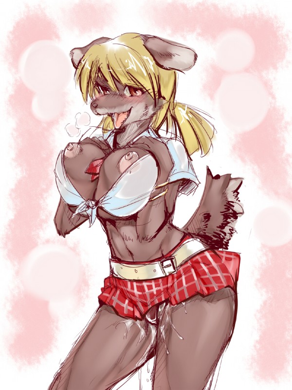 belt big_breasts blonde_hair breasts canine cleavage clothed clothing female hair mammal nipples panting pussy_juice shirt skimpy skirt