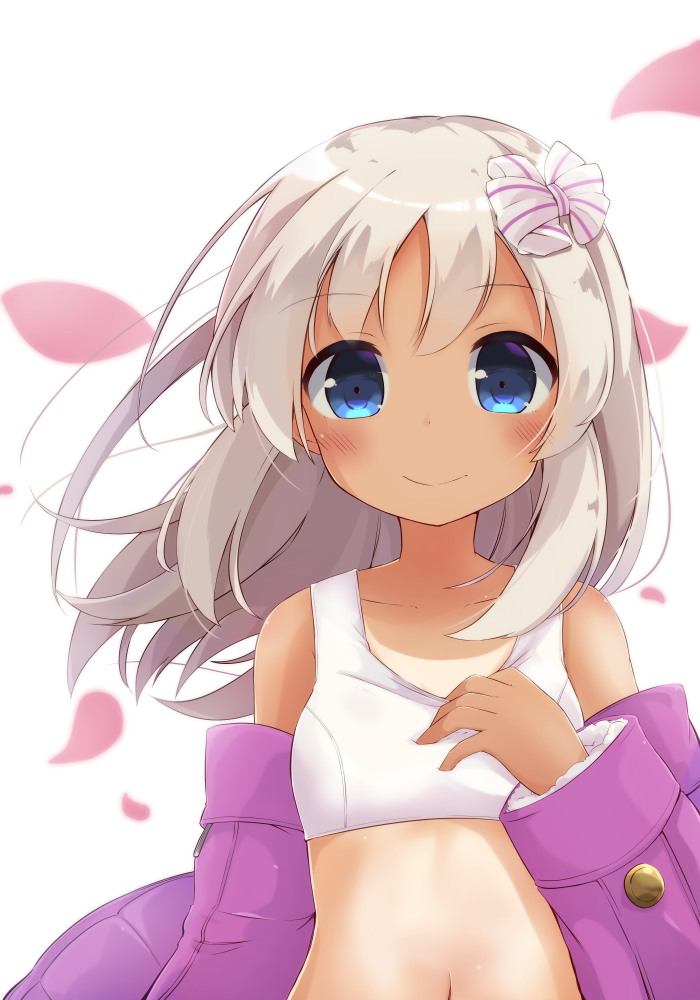 arm_at_side blue_eyes bow closed_mouth collarbone commentary_request eyebrows_visible_through_hair hair_bow hand_on_own_chest jacket kantai_collection long_hair looking_at_viewer navel nontraditional_school_swimsuit off_shoulder one-piece_tan open_clothes open_jacket petals pink_jacket ro-500_(kantai_collection) school_swimsuit smile solar_milk solo striped striped_bow swimsuit tan tankini tanline upper_body white_background white_hair white_school_swimsuit white_swimsuit wind