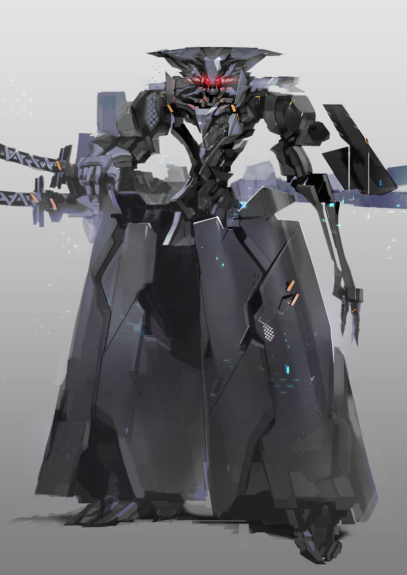 glowing_eyes gradient gradient_background grey_background looking_at_viewer mecha no_humans original pump_(pumpqmuq) red_eyes robot science_fiction shield standing sword weapon