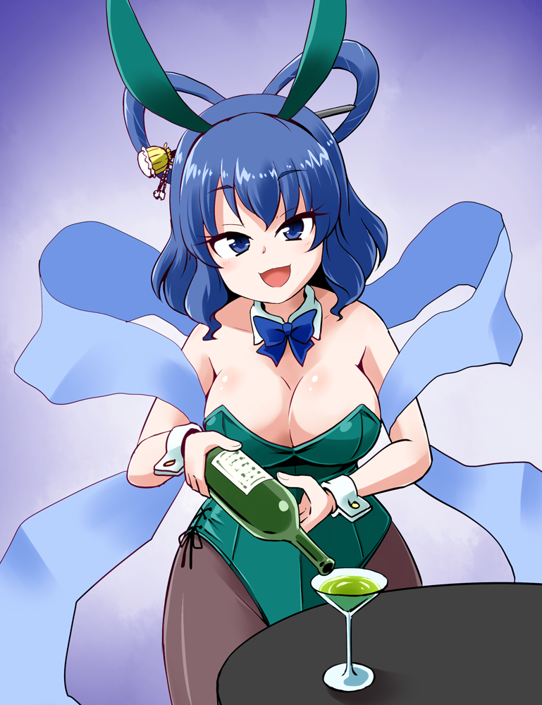 alternate_costume animal_ears bare_shoulders black_legwear blue_eyes blue_hair bottle bow bowtie breasts bunny_ears bunny_girl bunnysuit chisel detached_collar fake_animal_ears glass glass_bottle green_leotard hair_ornament hair_rings hair_stick kaku_seiga kousei_(public_planet) large_breasts leotard pantyhose shawl table touhou wrist_cuffs