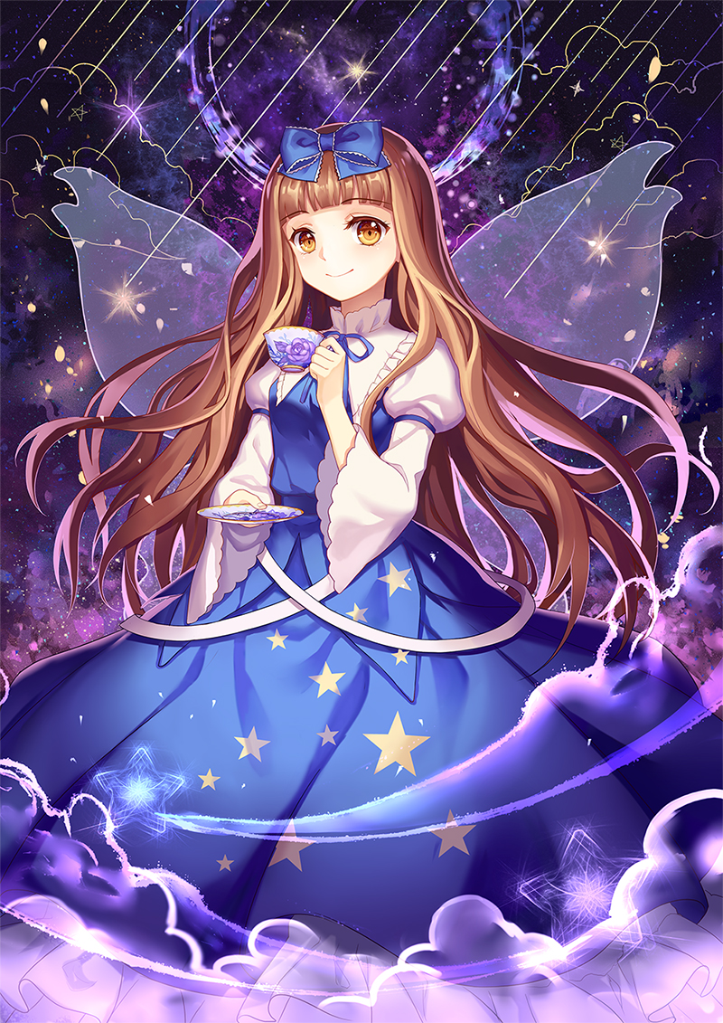 bangs blue_bow blue_ribbon blue_skirt blunt_bangs bow brown_eyes brown_hair commentary_request cup fairy_wings hair_bow holding holding_cup long_hair long_skirt long_sleeves looking_at_viewer mirror_(xilu4) puffy_long_sleeves puffy_sleeves ribbon shooting_star skirt smile solo star star_print star_sapphire teacup touhou transparent_wings wide_sleeves wings