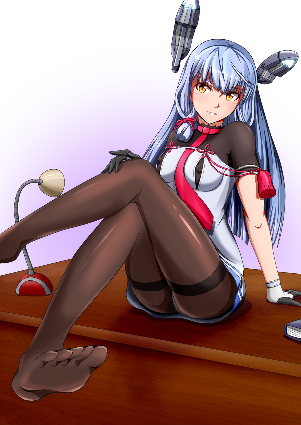 1girl arm_support blue_hair blush desk feet hand_on_own_knee kantai_collection long_hair looking_at_viewer murakumo_(kantai_collection) pantyhose pantyshot parted_lips pov sitting smile soles toes yellow_eyes