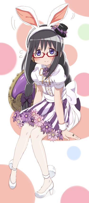 akemi_homura alknasn animal_ears arm_support bangs black_hair black_hat blouse bow braid bunny_ears closed_mouth fake_animal_ears flower flying_sweatdrops full_body hair_bow hat high_heels invisible_chair jewelry leaning_forward long_hair looking_at_viewer mahou_shoujo_madoka_magica mini_hat mini_top_hat puffy_short_sleeves puffy_sleeves purple_bow purple_eyes purple_skirt ring shoes short_sleeves sitting skirt smile solo soul_gem striped top_hat twin_braids vertical-striped_skirt vertical_stripes white_blouse white_footwear