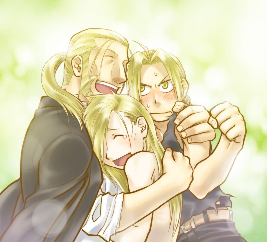 alphonse_elric belt black_shirt blonde_hair blush brothers clenched_hand closed_eyes coat edward_elric embarrassed father_and_son fingernails frown fullmetal_alchemist green_background hug long_hair looking_at_another male_focus multiple_boys nenone_miya open_mouth pants ponytail shirt siblings simple_background smile sweatdrop tears van_hohenheim yellow_eyes