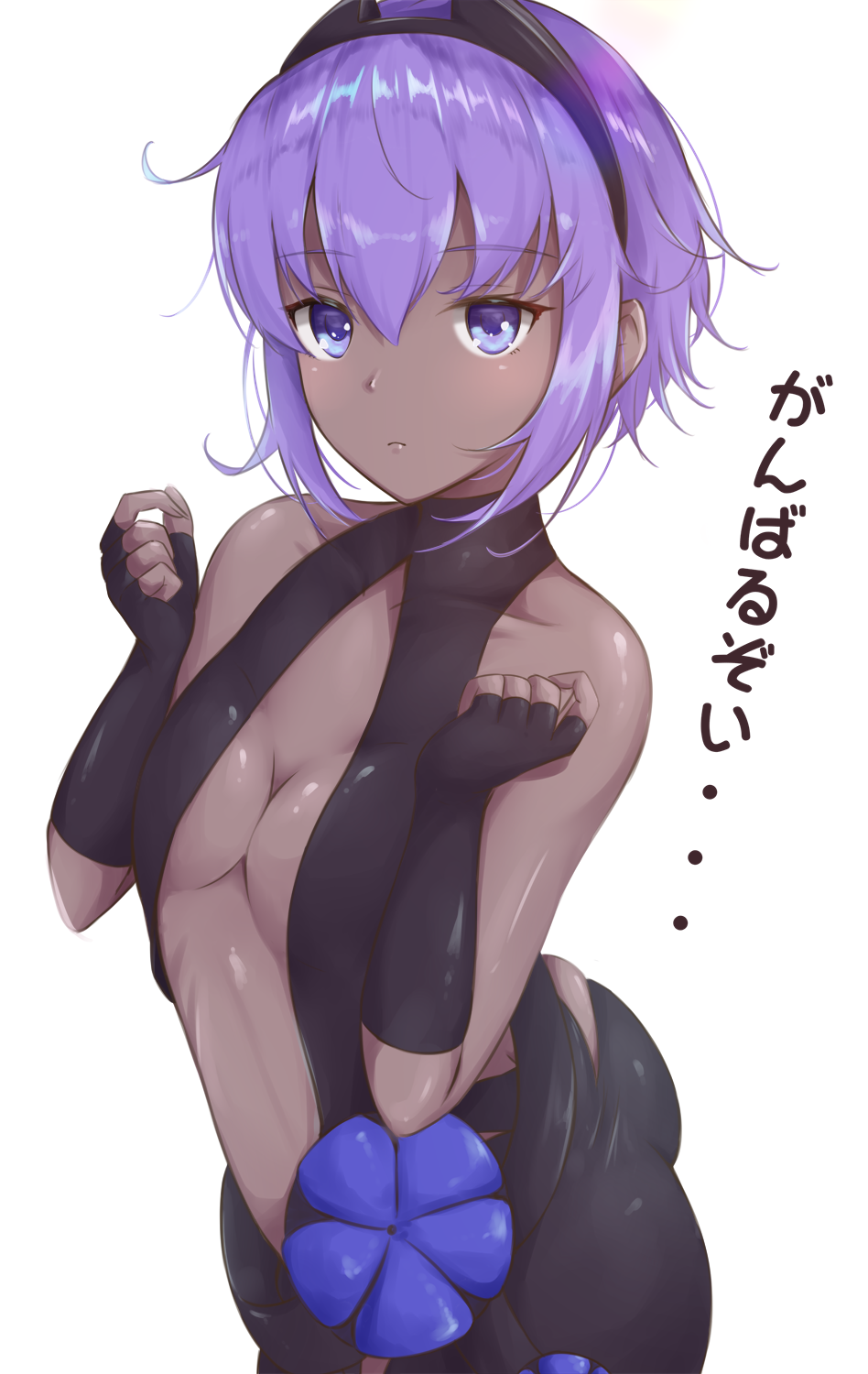 ass black_gloves black_hairband breasts cleavage dark_skin fate/grand_order fate/prototype fate_(series) fingerless_gloves gloves hairband hassan_of_serenity_(fate) highres hoshimiya_mashiro looking_at_viewer medium_breasts purple_eyes purple_hair revealing_clothes short_hair simple_background solo white_background