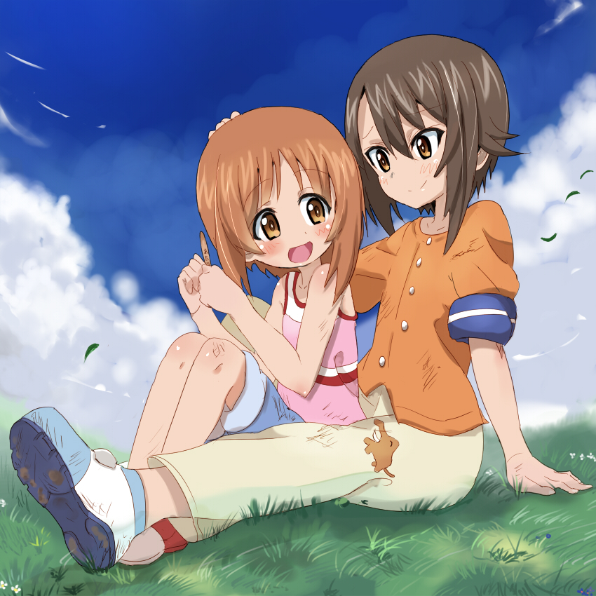 alknasn bangs blue_shorts brown_pants closed_mouth cloud cloudy_sky day denim denim_shorts dirty_clothes dirty_face eyebrows_visible_through_hair girls_und_panzer hand_on_another's_head holding looking_at_another multiple_girls nishizumi_maho nishizumi_miho open_mouth orange_shirt outdoors pants pink_shirt popsicle_stick shirt shoes short_hair short_sleeves shorts siblings sisters sitting sky smile tank_top white_footwear wind younger