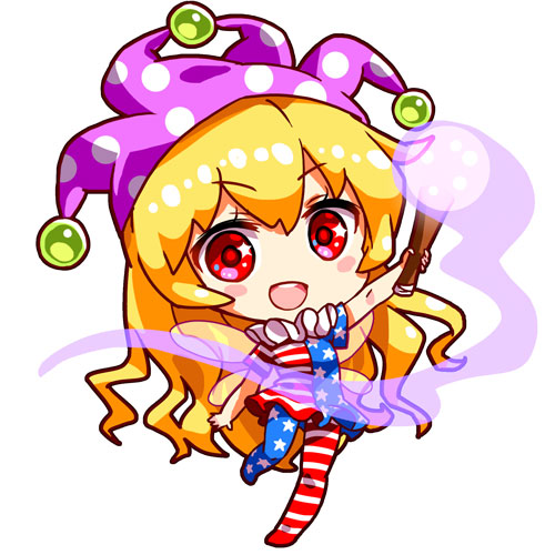 :d american_flag_dress american_flag_legwear arm_up asymmetrical_clothes asymmetrical_legwear bangs bare_arms blonde_hair blush_stickers chibi clownpiece commentary dress eyebrows_visible_through_hair fairy_wings full_body hat holding jester_cap long_hair looking_at_viewer lowres neck_ruff open_mouth pantyhose pink_eyes polka_dot polka_dot_hat purple_hat renren_(ah_renren) short_sleeves simple_background smile solo standing standing_on_one_leg striped striped_dress torch touhou v-shaped_eyebrows very_long_hair white_background wings