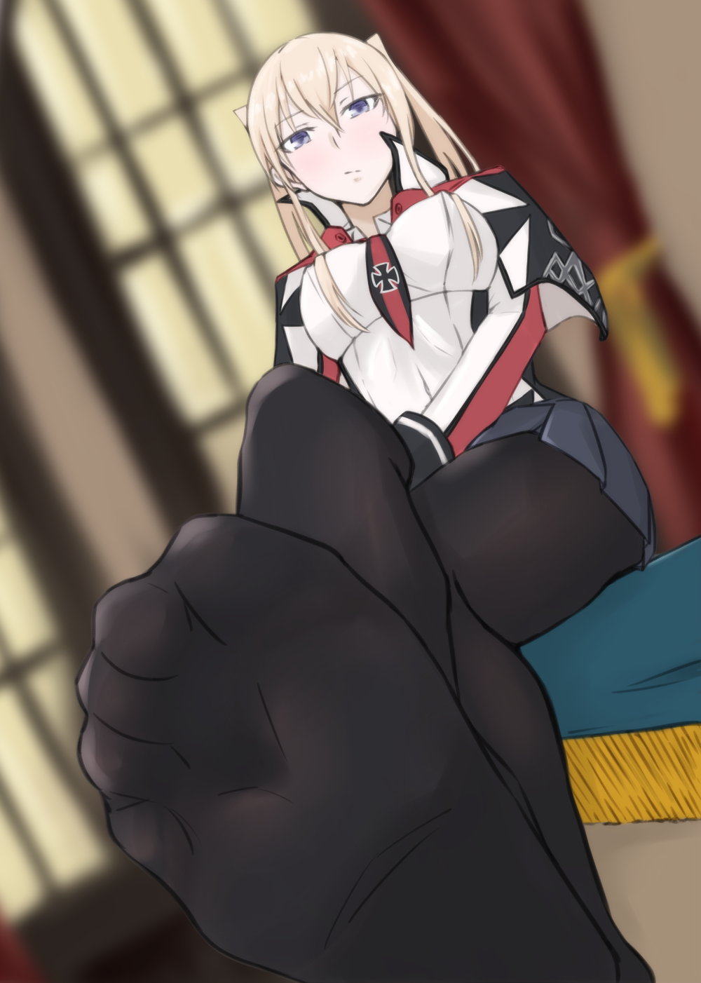 1girl blonde_hair blue_eyes blush feet graf_zeppelin_(kantai_collection) kantai_collection legs_crossed long_hair looking_at_viewer no_shoes pantyhose pov pov_feet sitting soles twintails