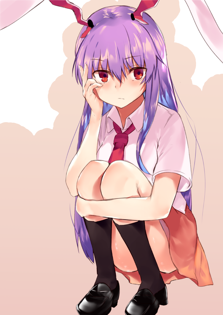 animal_ears asuzemu black_footwear black_legwear bunny_ears chin_rest closed_mouth collared_shirt expressionless full_body kneehighs long_hair looking_at_viewer necktie orange_skirt purple_hair red_eyes red_neckwear reisen_udongein_inaba shirt shoes skirt solo squatting touhou very_long_hair white_shirt wing_collar