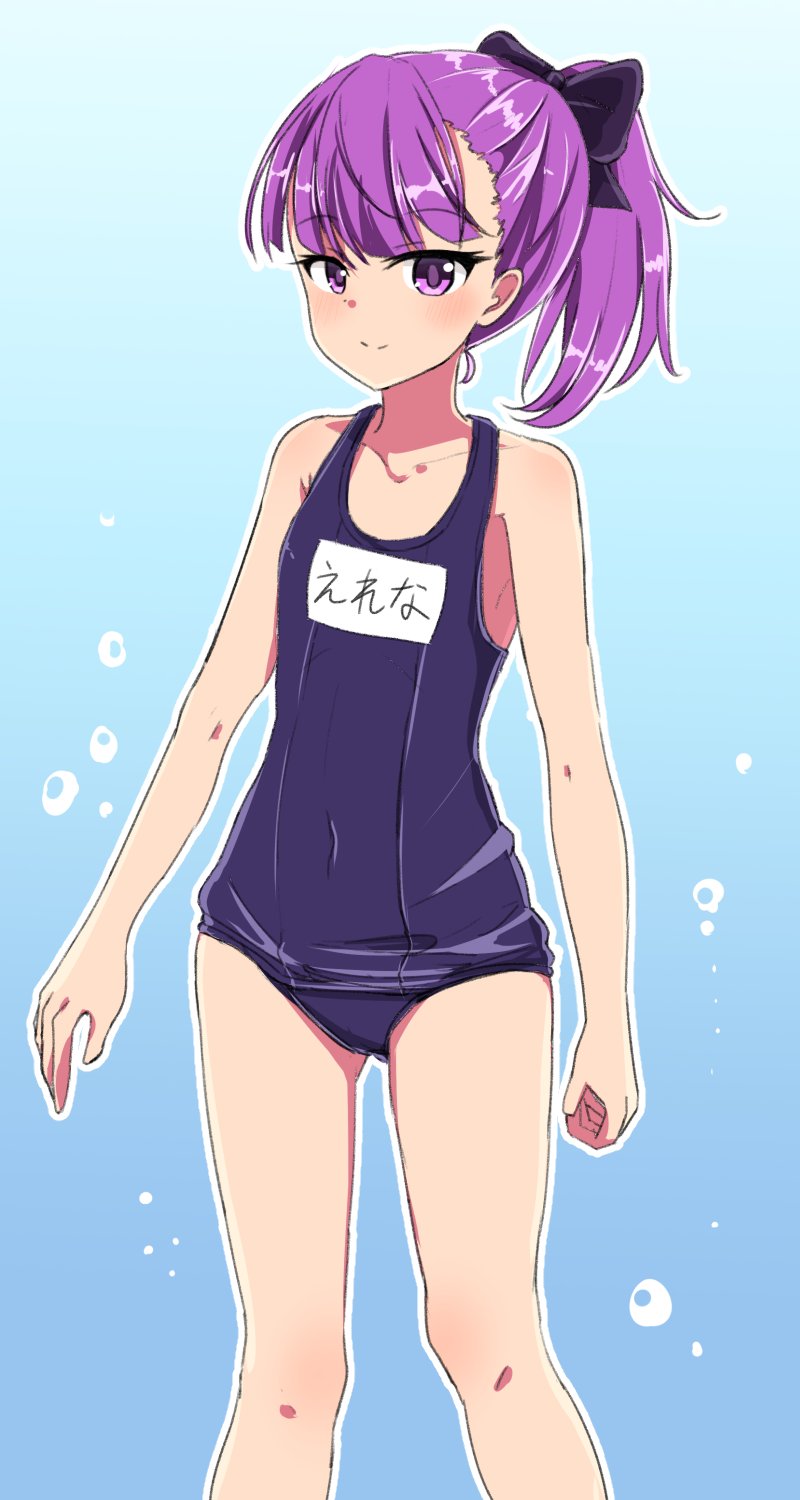 bow chawan_(yultutari) fate/grand_order fate_(series) helena_blavatsky_(fate/grand_order) helena_blavatsky_(swimsuit_archer)_(fate) highres long_hair name_tag old_school_swimsuit one-piece_swimsuit ponytail purple_eyes purple_hair ribbon school_swimsuit smile solo swimsuit