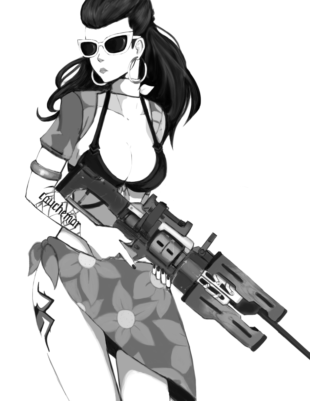 alternate_costume arm_tattoo bikini breasts choker cleavage collarbone cote_d'azur_widowmaker cowboy_shot earrings floral_print front-tie_bikini front-tie_top greyscale gun hair_pulled_back highres holding holding_gun holding_weapon hoop_earrings jewelry leg_tattoo long_hair looking_to_the_side medium_breasts mirrorofmystics monochrome nail_polish overwatch ponytail ribbon_choker rifle sarong short_sleeves simple_background sketch sniper_rifle solo sunglasses swimsuit tattoo trigger_discipline weapon white_background widowmaker_(overwatch)