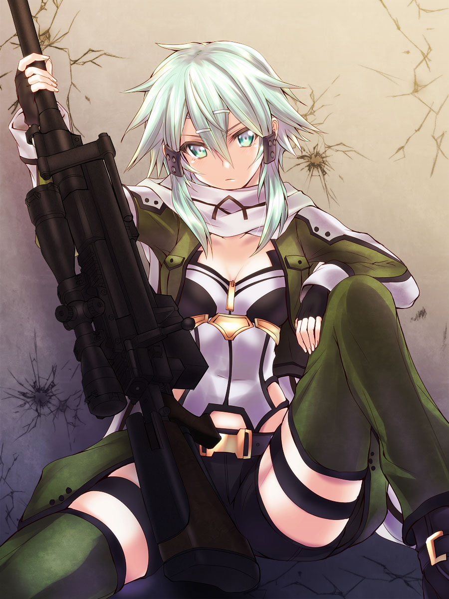:/ anti-materiel_rifle aqua_hair black_gloves breasts bullet_hole commentary fingerless_gloves gloves green_eyes gun hair_ornament hairclip highres long_sleeves looking_at_viewer rifle scarf short_hair short_hair_with_long_locks short_shorts shorts silve sinon sitting small_breasts sniper_rifle solo spread_legs sword_art_online thigh_strap v-shaped_eyebrows weapon
