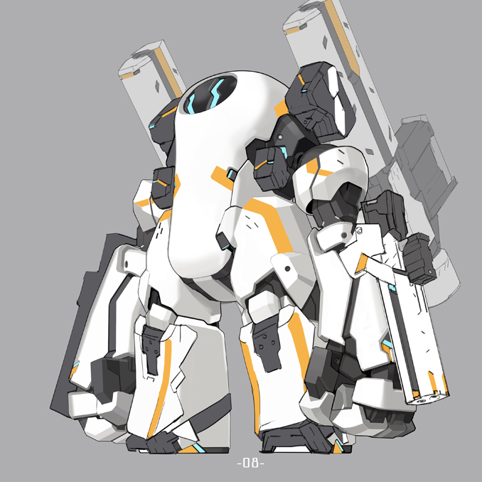 grey_background gun mecha no_humans original pump_(pumpqmuq) robot science_fiction simple_background standing weapon
