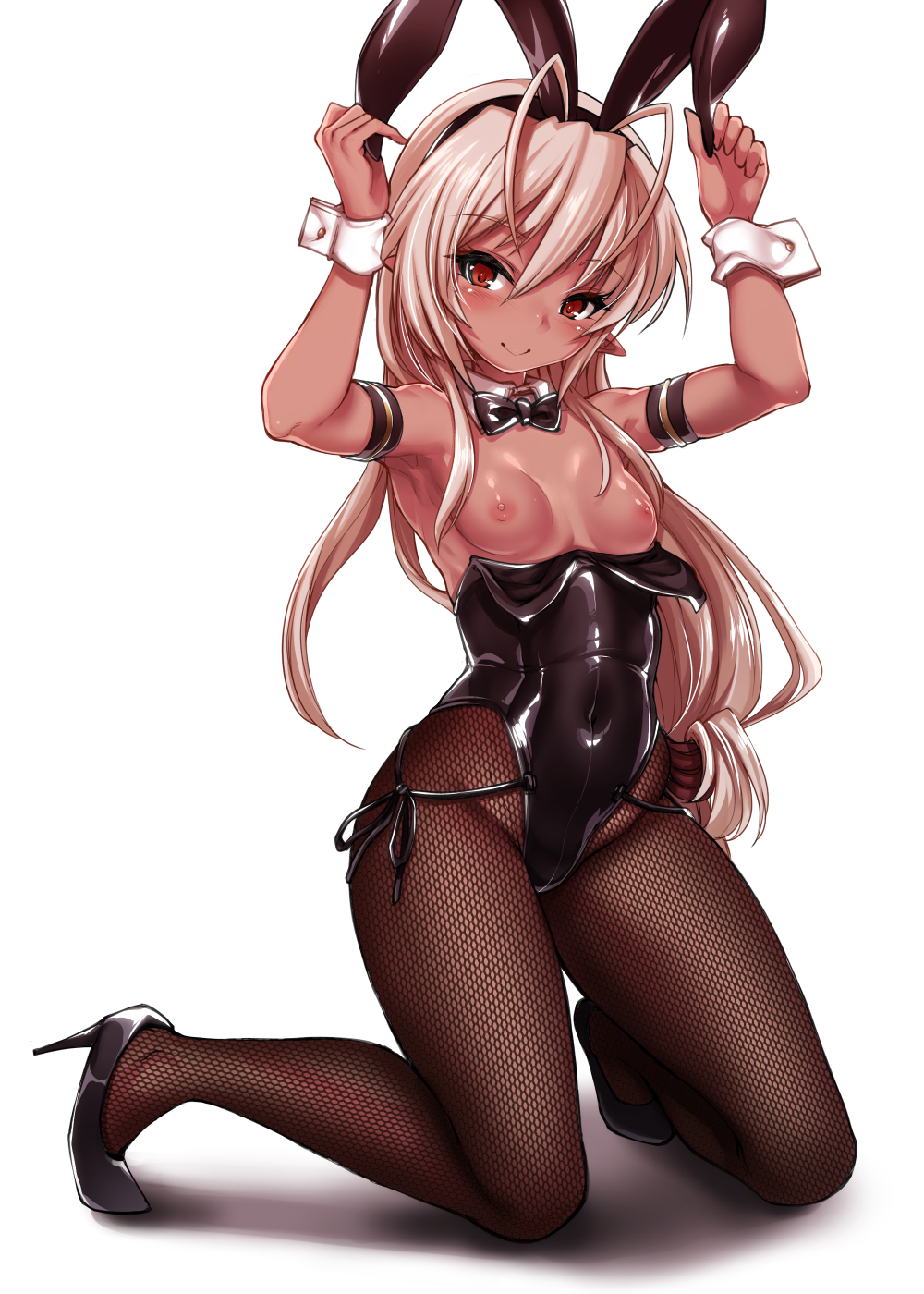 animal_ears antenna_hair arms_up bow bowtie breasts brown_eyes bunny_ears bunnysuit closed_mouth dark_skin detached_collar fake_animal_ears fishnet_pantyhose fishnets full_body hairband harigane_shinshi high_heels highres kneeling leotard leotard_pull light_brown_hair long_hair looking_at_viewer low-tied_long_hair nipples pantyhose pointy_ears sansei_muramasa simple_background small_breasts smile solo soukou_akki_muramasa white_background wrist_cuffs