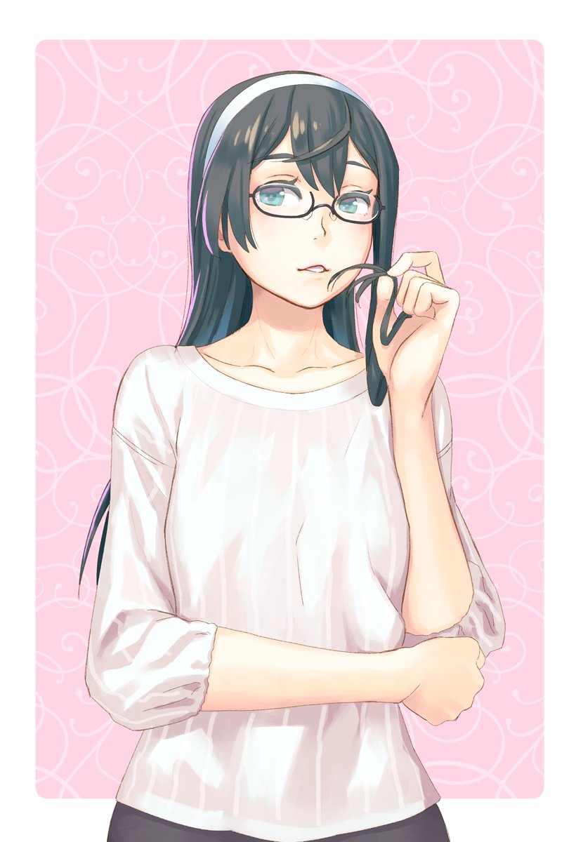 alternate_costume black-framed_eyewear black_hair blouse blue_eyes casual collarbone commentary_request glasses hairband highres kantai_collection long_hair looking_at_viewer ooyodo_(kantai_collection) parted_lips semi-rimless_eyewear solo under-rim_eyewear upper_body white_blouse yuuji_(and)