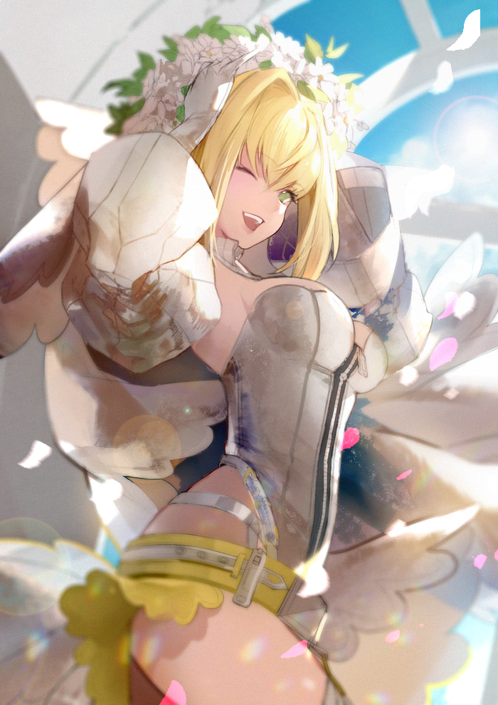 ;d bangs belt blonde_hair blurry breasts cloud corset day depth_of_field detached_sleeves eyebrows_visible_through_hair fate/extra fate_(series) feathers flower from_side green_eyes hair_flower hair_intakes hair_ornament leotard long_hair looking_at_viewer medium_breasts nero_claudius_(bride)_(fate) nero_claudius_(fate)_(all) nido_celisius one_eye_closed open_mouth petals sidelocks skirt smile solo sun teeth thighhighs veil white_skirt white_sleeves zipper