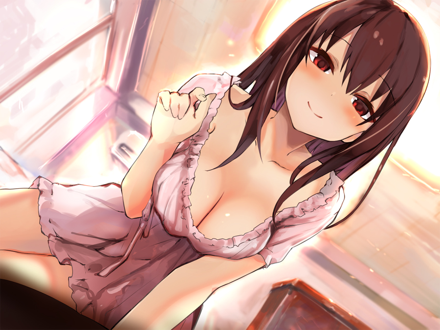 amamitsu_kousuke breasts brown_hair cleavage closed_mouth copyright_request dutch_angle eyebrows_visible_through_hair from_below hair_between_eyes indoors large_breasts long_hair looking_at_viewer nightgown non-web_source pov red_eyes sidelocks sitting smile solo