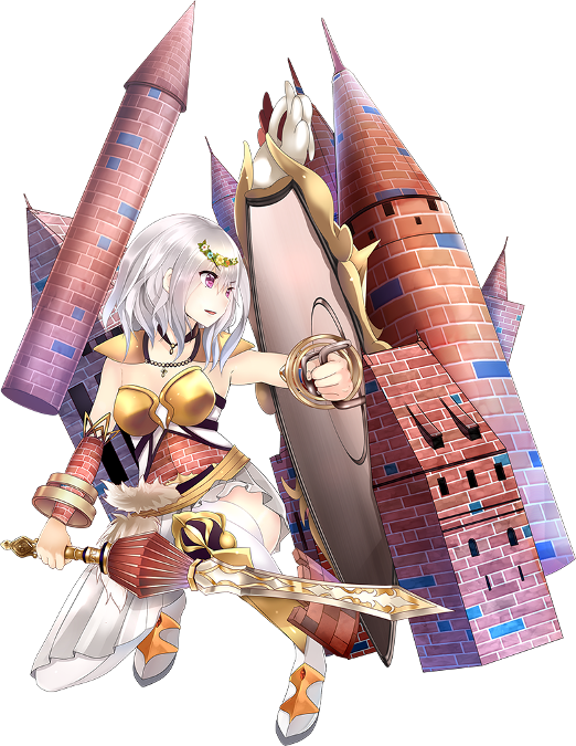 boots breastplate cape dress flower full_body hair_flower hair_ornament hairband holding holding_shield holding_sword holding_weapon jewelry looking_to_the_side malbork_(oshiro_project) necklace official_art oshiro_project oshiro_project_re purple_eyes shield silver_hair smile squatting sword taicho128 thigh_boots thighhighs transparent_background weapon white_dress