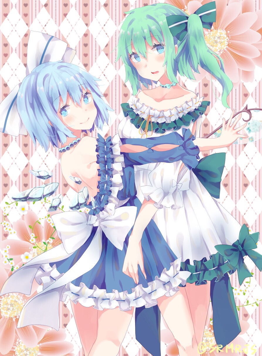 alternate_costume argyle argyle_background backless_dress backless_outfit bangs bare_shoulders blue_dress blue_eyes blue_hair bow cirno closed_mouth collarbone commentary_request daiyousei dress fairy_wings floral_background frilled_dress frills green_bow green_hair hair_between_eyes hair_bow highres ice ice_wings jewelry looking_at_viewer multiple_girls necklace pearl_necklace shiromoru_(yozakura_rety) short_dress short_hair side_ponytail smile touhou white_bow white_dress wings