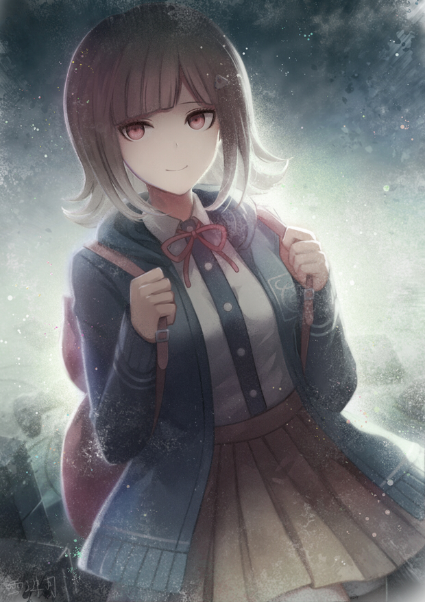 angel31424 backpack bag black_sweater brown_hair brown_skirt cowboy_shot danganronpa dutch_angle hood hooded_sweater looking_at_viewer miniskirt nanami_chiaki neck_ribbon pleated_skirt red_eyes red_ribbon ribbon shirt signature skirt smile solo standing super_danganronpa_2 sweater white_shirt