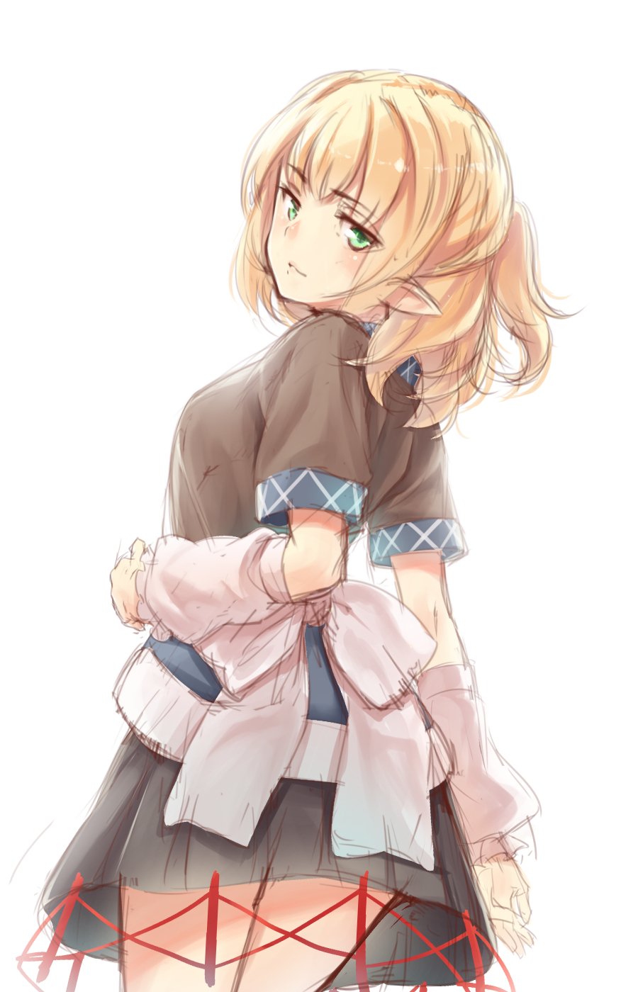 bangs black_skirt blonde_hair closed_mouth eyebrows_visible_through_hair from_behind green_eyes highres looking_at_viewer looking_back mizuhashi_parsee pointy_ears short_hair short_sleeves simple_background skirt solo touhou usotsuki_penta white_background