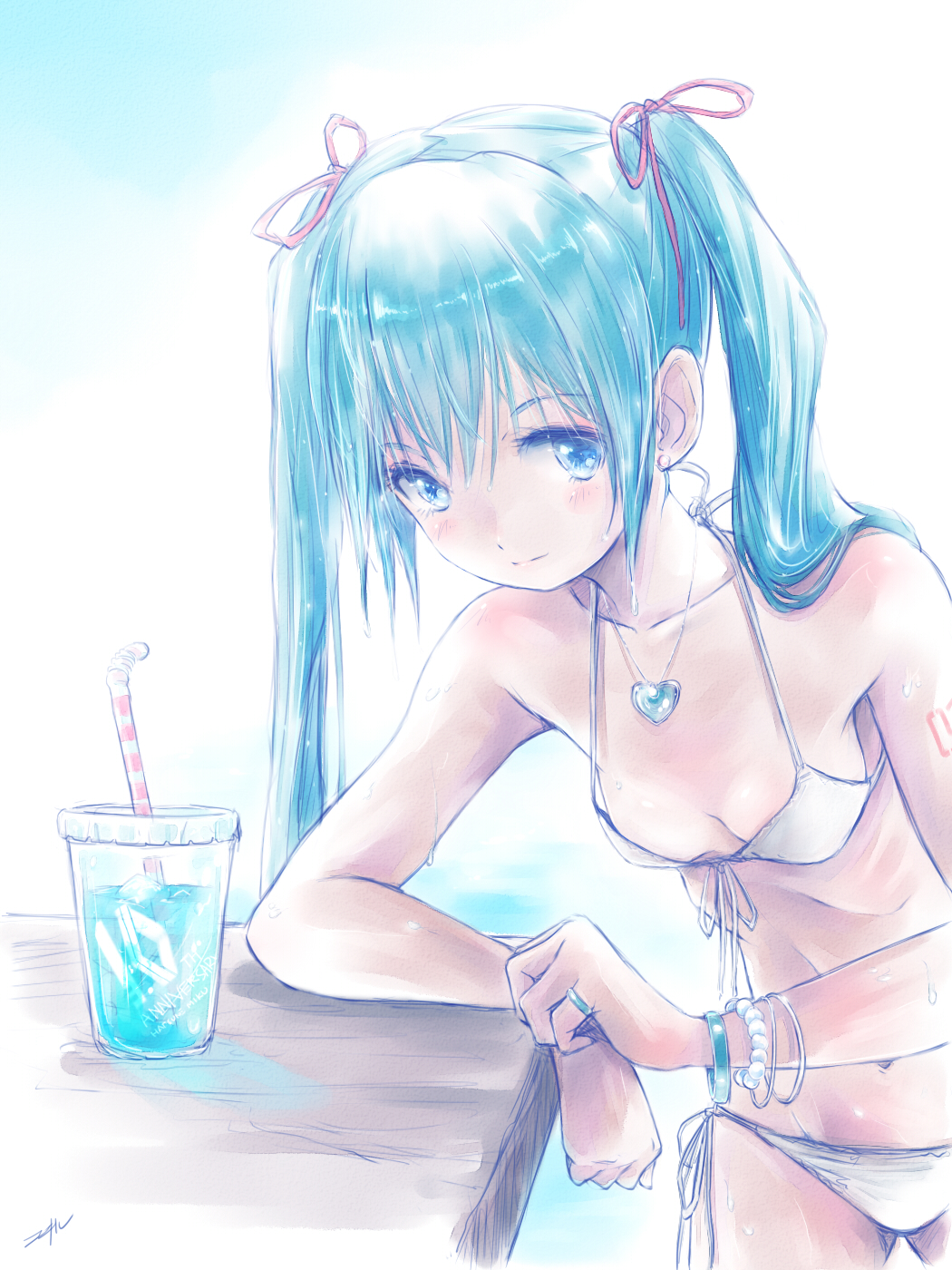 aqua_eyes aqua_hair artist_name bikini bracelet breasts commentary_request drink drinking_straw earrings front-tie_top hatsune_miku highres jewelry kowiru long_hair looking_at_viewer necklace ribs ring side-tie_bikini small_breasts solo swimsuit twintails vocaloid white_bikini