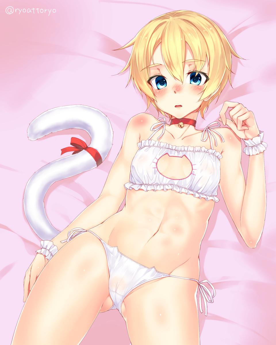 arm_at_side ass_visible_through_thighs bare_arms bare_shoulders bed_sheet bell bell_choker blonde_hair blue_eyes blush body_blush bra cat_cutout cat_ear_panties cat_lingerie cat_tail choker cleavage_cutout collarbone cowboy_shot eyebrows_visible_through_hair flat_chest hair_between_eyes highres iris_(ryou@ryou) jingle_bell legs_apart looking_at_viewer lying meme_attire navel nose_blush on_back open_mouth original panties red_choker red_ribbon ribbon ryou@ryou short_hair side-tie_panties solo stomach tail tail_ribbon twitter_username underwear underwear_only white_bra white_panties white_ribbon wrist_cuffs
