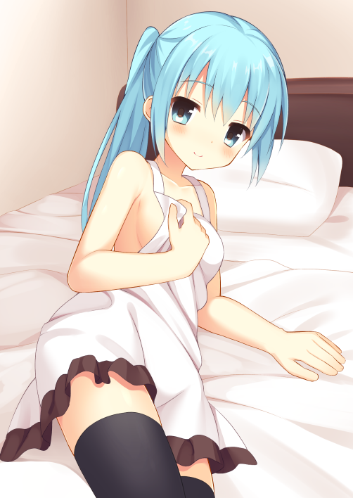 apron apron_grab arm_support bangs bare_arms bare_shoulders bed black_legwear blue_eyes blue_hair blush breasts collarbone eyebrows_visible_through_hair frilled_apron frills hair_between_eyes indoors long_hair looking_at_viewer looking_to_the_side lying medium_breasts naked_apron on_bed on_side original pillow side_ponytail sideboob sidelocks solo tareme thighhighs usagino_suzu white_apron
