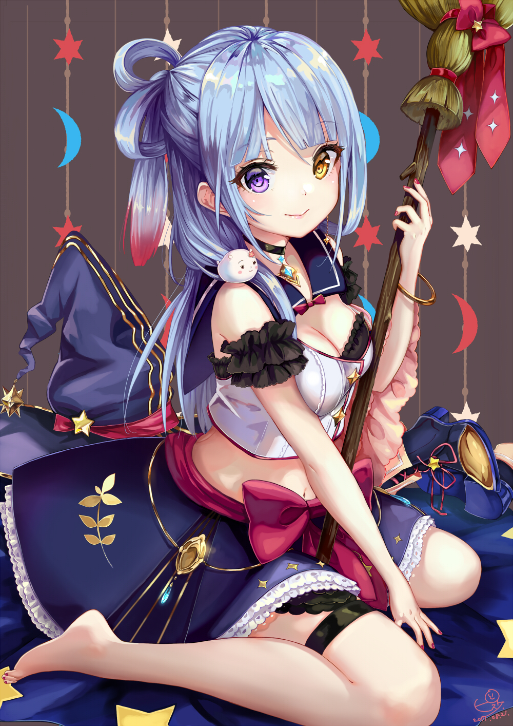 barefoot blue_hair blue_hat blush bracelet breasts choker cleavage closed_mouth eyebrows_visible_through_hair hat heterochromia highres holding holding_staff jewelry kokoro_(pisuke) large_breasts looking_at_viewer nail_polish navel original pisuke purple_eyes red_nails short_hair sitting smile solo staff wariza yellow_eyes
