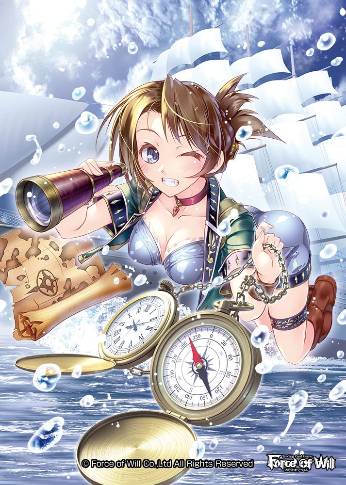 blue_hair blush breasts brown_hair cleavage cloud compass copyright_name day force_of_will jewelry long_hair map medium_breasts necklace official_art one_eye_closed ponytail ship sky solo spyglass teeth watercraft