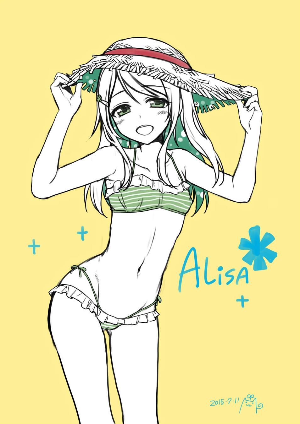 :d alpha_(yukai_na_nakamatachi) ayase_arisa bikini blush character_name commentary_request dated frilled_bikini frills green_bikini hair_ornament hairclip half-closed_eyes hands_on_headwear hat highres jpeg_artifacts long_hair love_live! love_live!_school_idol_project navel open_mouth partially_colored simple_background smile solo straw_hat striped striped_bikini swimsuit yellow_background