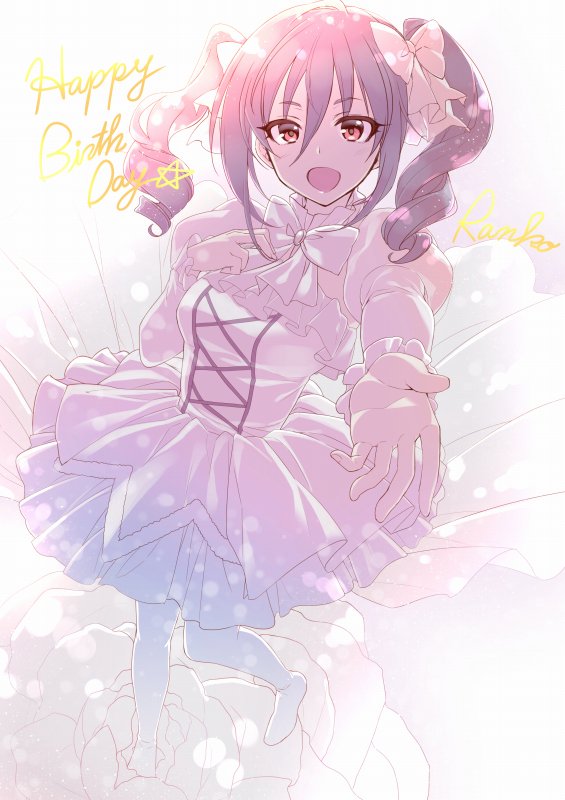 :d alpha_(yukai_na_nakamatachi) bow character_name commentary_request dress drill_hair hair_bow hand_on_own_chest happy_birthday idolmaster idolmaster_cinderella_girls jpeg_artifacts juliet_sleeves kanzaki_ranko lolita_fashion long_sleeves no_shoes open_mouth outstretched_arm outstretched_hand puffy_sleeves reaching_out smile solo twin_drills twintails white_bow white_dress white_legwear