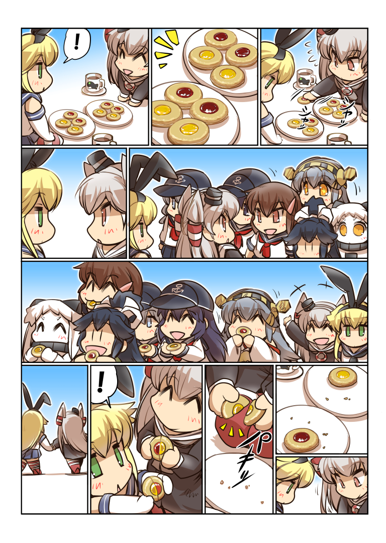 +++ 6+girls :3 akatsuki_(kantai_collection) amatsukaze_(kantai_collection) anchor_symbol animal_ears black_hair blonde_hair blue_eyes brown_eyes bunny_ears closed_eyes collar comic cookie cup dress eating elbow_gloves fake_animal_ears flat_cap flying_sweatdrops food food_in_mouth gloves gradient gradient_background green_eyes grey_hair hair_ornament hair_ribbon hair_tubes hairband hairclip hands_on_lap haruna_(kantai_collection) hat headgear hibiki_(kantai_collection) hisahiko holding holding_food holding_hands horns i-class_destroyer ikazuchi_(kantai_collection) kantai_collection katsuragi_(kantai_collection) kneeling long_hair long_sleeves mini_hat multiple_girls neckerchief northern_ocean_hime open_mouth plate pleated_skirt ponytail ribbon school_uniform serafuku sharing_food shimakaze_(kantai_collection) shinkaisei-kan short_hair short_sleeves sidelocks skirt sleeveless sleeveless_dress smile spoken_exclamation_mark star star-shaped_pupils striped striped_legwear surprised symbol-shaped_pupils translated triangle_mouth twintails waving white_hair younger |_|
