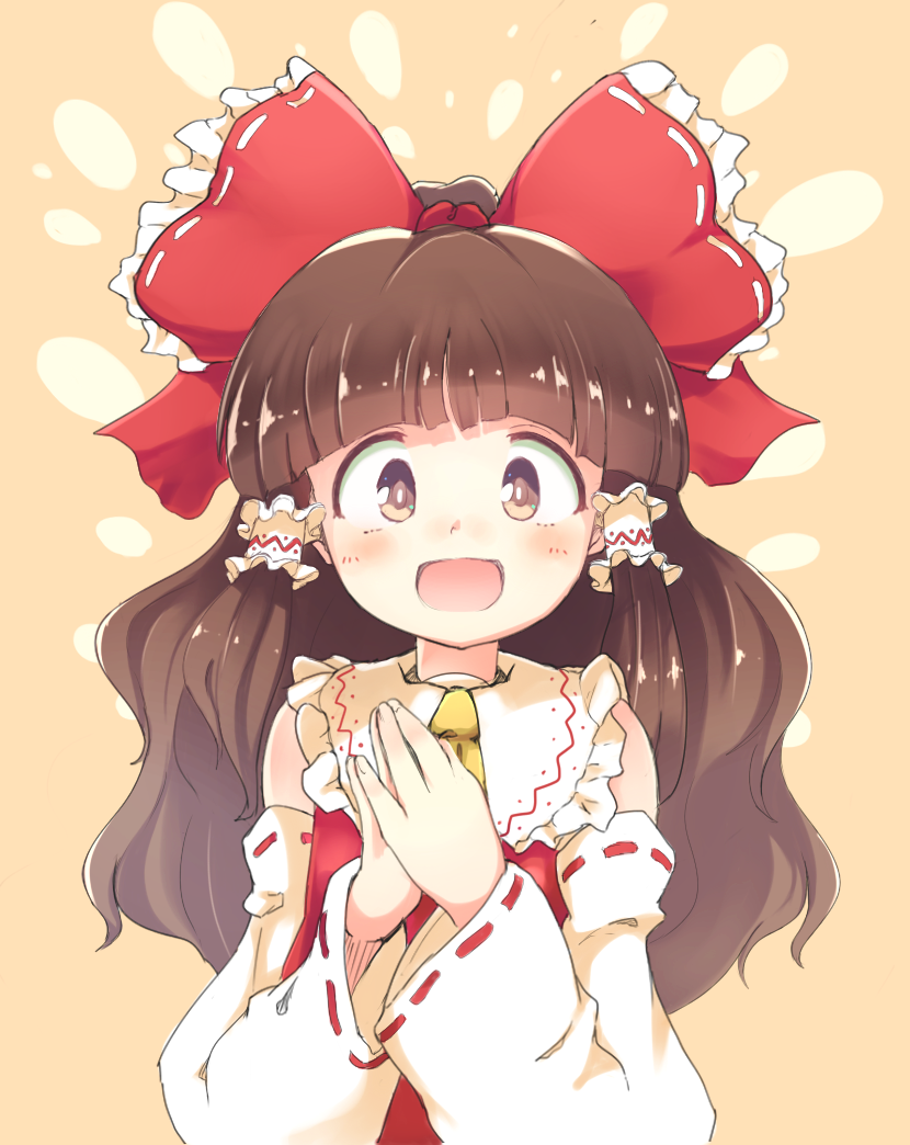 :d ascot bangs blouse blunt_bangs blush bow brown_eyes brown_hair detached_sleeves flan_(harry_mackenzie) hair_bow hair_tubes hakurei_reimu hands_together happy long_hair looking_at_viewer open_mouth smile solo touhou wavy_hair