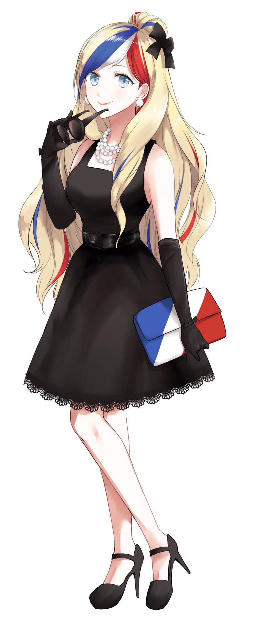 bag belt black_belt black_dress black_footwear black_gloves blonde_hair blue_eyes blue_hair blush commandant_teste_(kantai_collection) dress elbow_gloves french_flag full_body gloves high_heels highres holding holding_bag jewelry kantai_collection lace lace-trimmed_dress long_hair looking_at_viewer morinaga_miki multicolored_hair necklace pearl_earrings pearl_necklace ponytail red_hair removing_sunglasses shoes simple_background sleeveless sleeveless_dress smile solo white_background white_hair