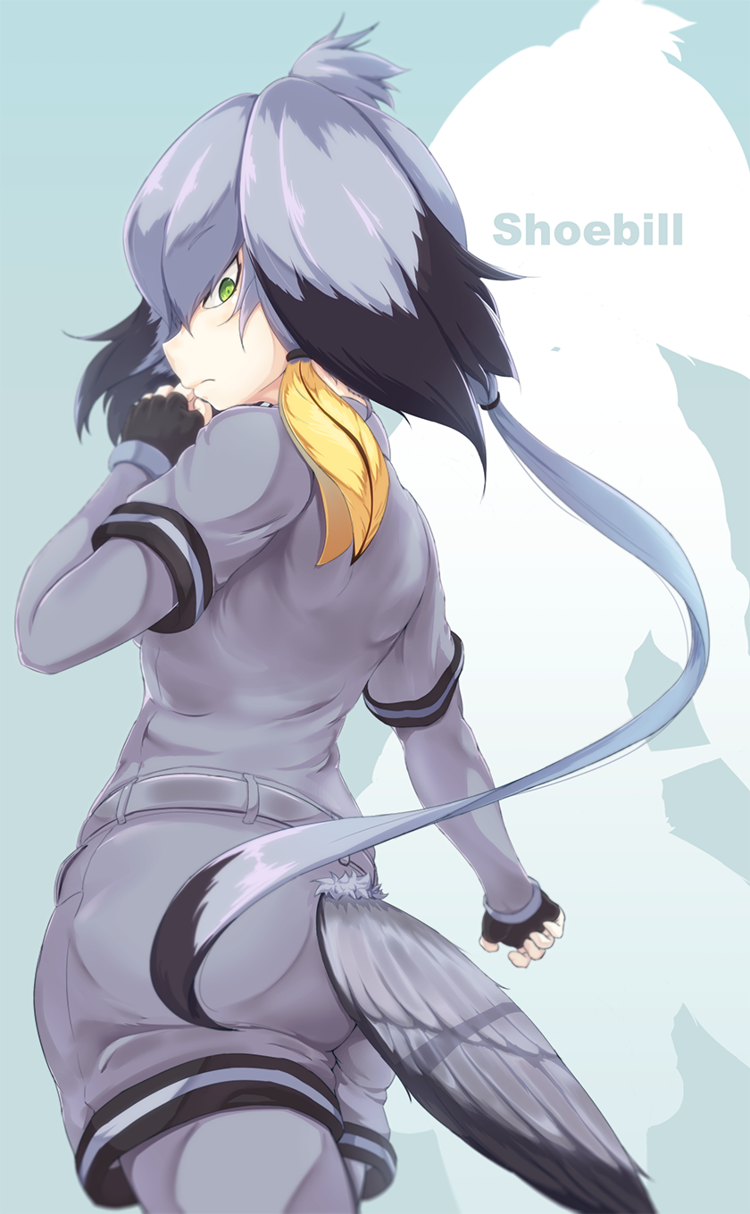 black_gloves black_hair blue_background blurry blush character_name depth_of_field eyebrows_visible_through_hair fingerless_gloves from_behind gloves green_eyes grey_hair grey_legwear grey_shirt grey_shorts hair_between_eyes highres kemono_friends long_hair long_sleeves looking_at_viewer looking_back low_ponytail multicolored_hair okyao pantyhose shirt shoebill_(kemono_friends) short_sleeves shorts silhouette solo tail_feathers very_long_hair