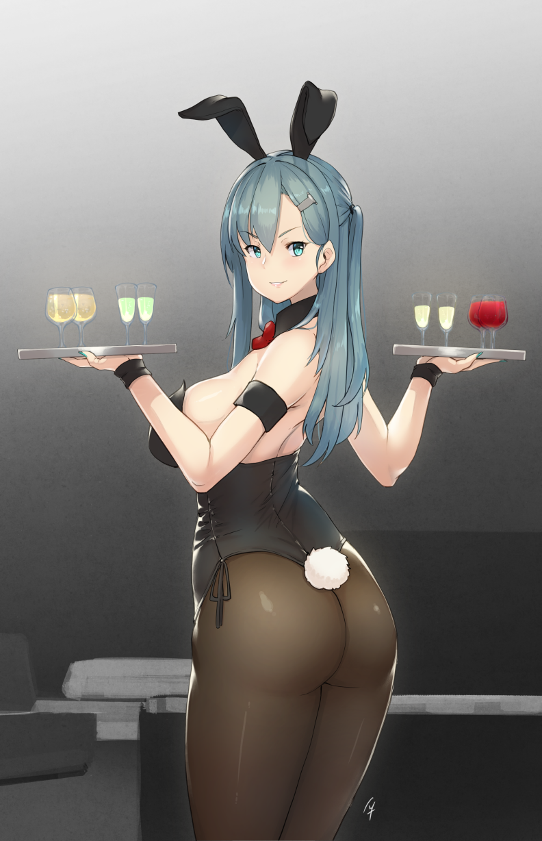 animal_ears ass black_legwear breasts bunny_ears bunny_tail bunnysuit cup detached_collar drinking_glass fake_animal_ears green_eyes green_hair hayabusa highres holding kantai_collection large_breasts leotard long_hair naughty_face pantyhose sideboob smile solo suzuya_(kantai_collection) tail thighs tray wine_glass