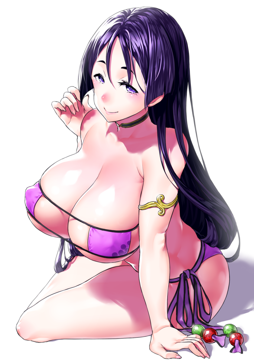 armlet bare_arms bare_legs bare_shoulders bikini breasts choker cleavage closed_mouth covered_nipples eyebrows_visible_through_hair eyepatch_bikini fate/grand_order fate_(series) full_body highres huge_breasts leaning_forward long_hair looking_at_viewer minamoto_no_raikou_(fate/grand_order) minamoto_no_raikou_(swimsuit_lancer)_(fate) onsoku_maru purple_bikini purple_eyes purple_hair side-tie_bikini simple_background sitting smile solo swimsuit white_background