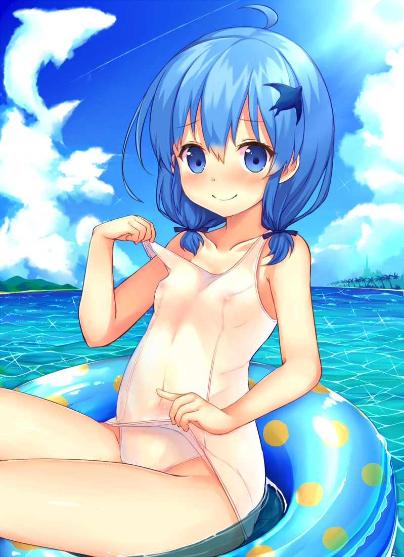 ahoge bare_shoulders blue_eyes blue_hair blue_sky blush closed_mouth cloud day delphinium_(flower_knight_girl) flower_knight_girl hair_ornament kida_kuro_mu looking_at_viewer nipples ocean one-piece_swimsuit school_swimsuit see-through short_hair short_twintails sitting sky smile solo sparkle sunlight swimsuit twintails white_school_swimsuit white_swimsuit