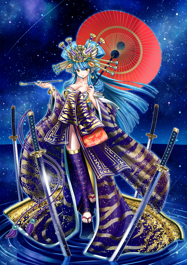 blue_hair breasts cleavage dragon_poker full_body groin hair_ornament hair_stick katana large_breasts outdoors over_shoulder parasol planted_sword planted_weapon purple_legwear ripples sandals sky smile solo standing star_(sky) starry_sky sword takenoko_taichou thighhighs umbrella water weapon wide_sleeves