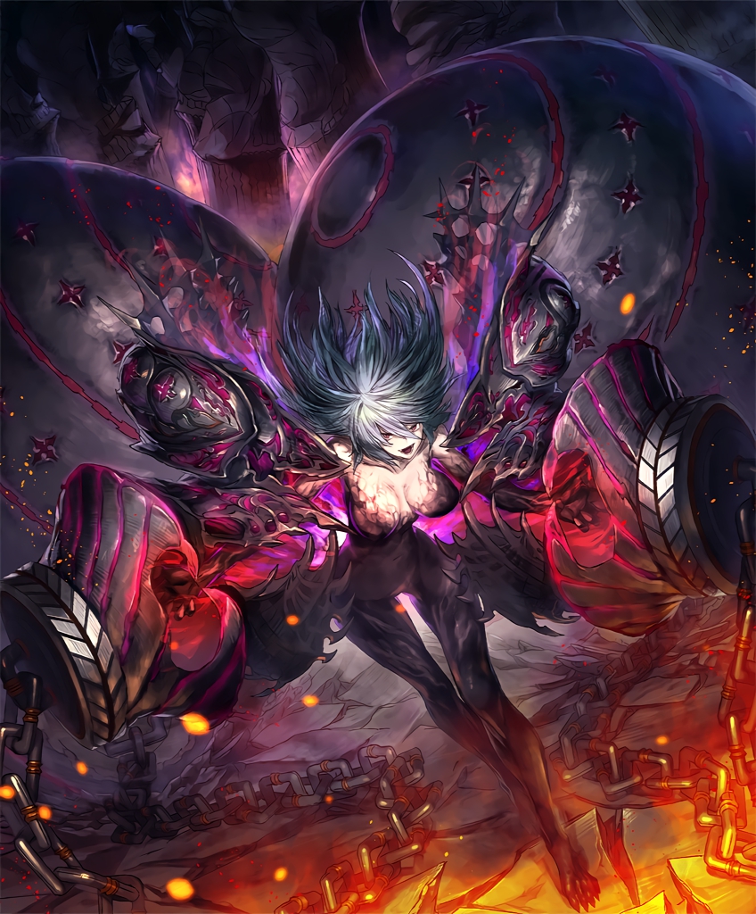 artist_request ball_and_chain black_skin chain claws cracked_floor crazy_smile cygames embers fangs frenzied_juggernaut long_hair messy_hair multicolored multicolored_skin official_art pale_skin purple_eyes shadowverse shingeki_no_bahamut slit_pupils white_hair