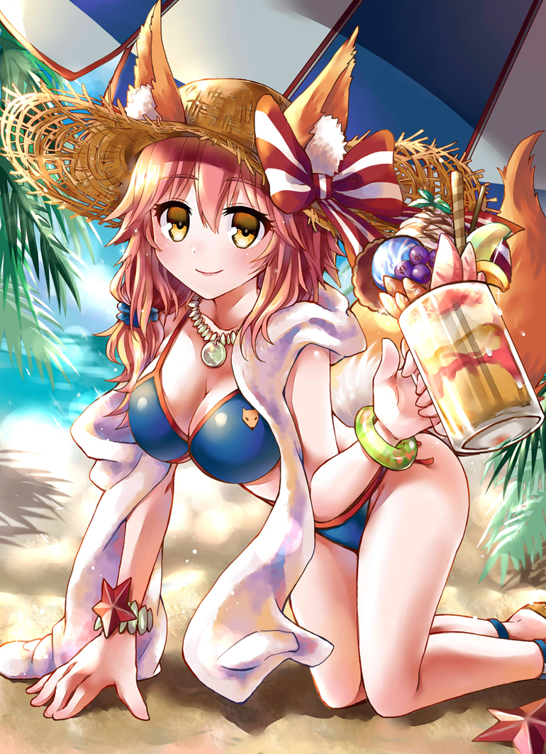 animal_ears beach beer_mug bikini blue_bikini blush breasts cleavage collarbone cup day ears_through_headwear fate/extra fate/grand_order fate_(series) food fox_ears fox_tail hat hat_ribbon holding holding_cup large_breasts lei_(shizuiza) light_smile long_hair looking_at_viewer outdoors palm_tree palms parfait pink_hair ribbon sandals solo straw_hat sun_hat swimsuit tail tamamo_(fate)_(all) tamamo_no_mae_(fate) tamamo_no_mae_(swimsuit_lancer)_(fate) tree yellow_eyes