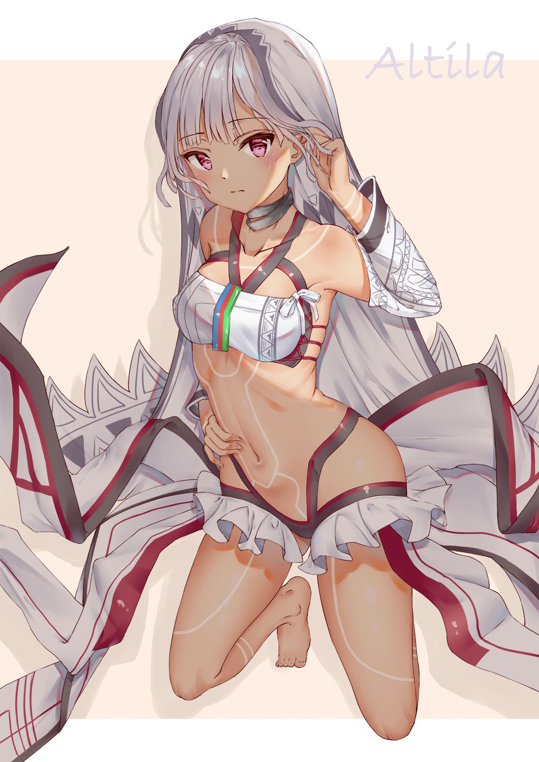 altera_(fate) arm_up armpits bandeau bangs bare_shoulders barefoot beige_background bikini black_bikini_bottom blunt_bangs blush breasts character_name choker closed_mouth collarbone dark_skin detached_sleeves elleco eyebrows_visible_through_hair fate/extella fate/extra fate/grand_order fate_(series) frilled_skirt frills full_body full_body_tattoo grey_hair groin hand_in_hair hand_on_hip headpiece highres kneeling layered_skirt long_sleeves looking_at_viewer midriff mismatched_bikini navel red_eyes revealing_clothes shade short_hair showgirl_skirt simple_background skirt small_breasts solo swimsuit tattoo veil white_background white_bikini_top white_hair white_skirt
