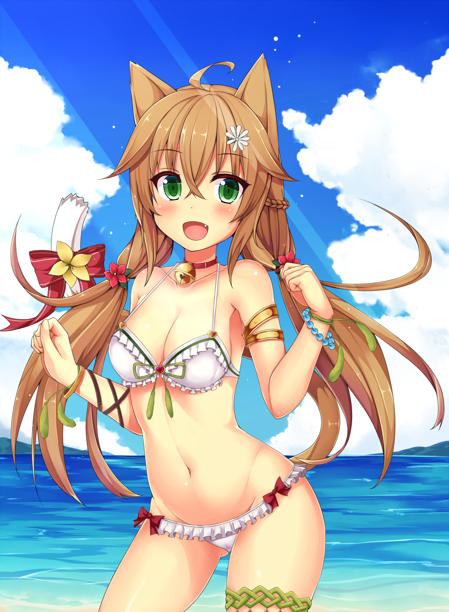 ahoge animal_ears arched_back bangs beach bell bell_collar bikini blue_sky bow bracelet braid breasts brown_eyes cat_ears cat_tail cleavage cloud collar collarbone commentary_request cowboy_shot day enokorogusa_(flower_knight_girl) eyebrows_visible_through_hair fang flower flower_knight_girl frilled_bikini frills green_eyes hair_between_eyes hair_flower hair_ornament highres jewelry kida_kuro_mu legs_apart long_hair looking_at_viewer medium_breasts navel open_mouth outdoors red_bow red_collar sky solo standing swimsuit tail tail_bow thigh_strap twintails water white_bikini