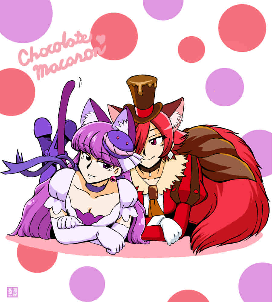 animal_ears azuki_osamitsu bangs blunt_bangs breasts cat_ears cat_tail choker cleavage commentary_request cure_chocolat cure_macaron dress earrings elbow_gloves extra_ears eyebrows_visible_through_hair feet_up gloves hair_over_one_eye hat jewelry juliet_sleeves kirakira_precure_a_la_mode long_hair long_sleeves lying medium_breasts multiple_girls on_stomach pantyhose precure puffy_short_sleeves puffy_sleeves purple_eyes purple_hair purple_legwear red_dress red_eyes red_hair short_sleeves smile tail top_hat translation_request